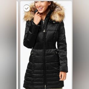 Laundry by Shelli Segal BLACK long puffer coat jacket with Hood LARGE
